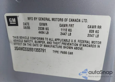 2005 Buick Lacrosse Cx z USA, uszkodzony, nr VIN 2G4WC532651355791
